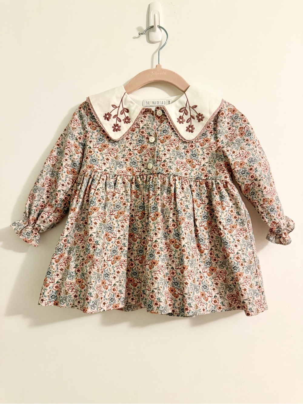 Floral Long-Sleeve Dress with Embroidered Peter Pan Collar - Pink Multi